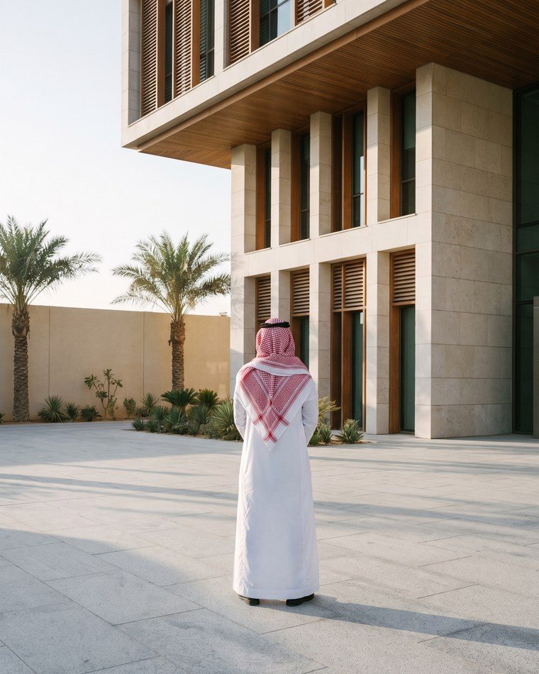 رجل أعمال سعودي أمام مبنى تجاري حديث