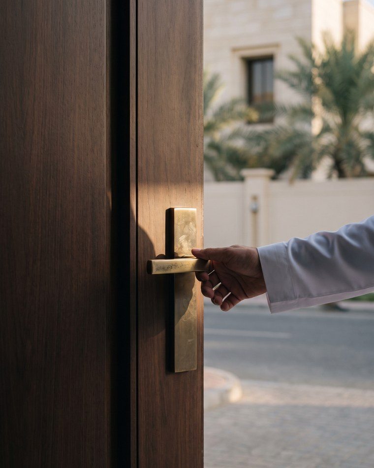 يد على مقبض نحاسي لباب خشبي في فيلا سكنية